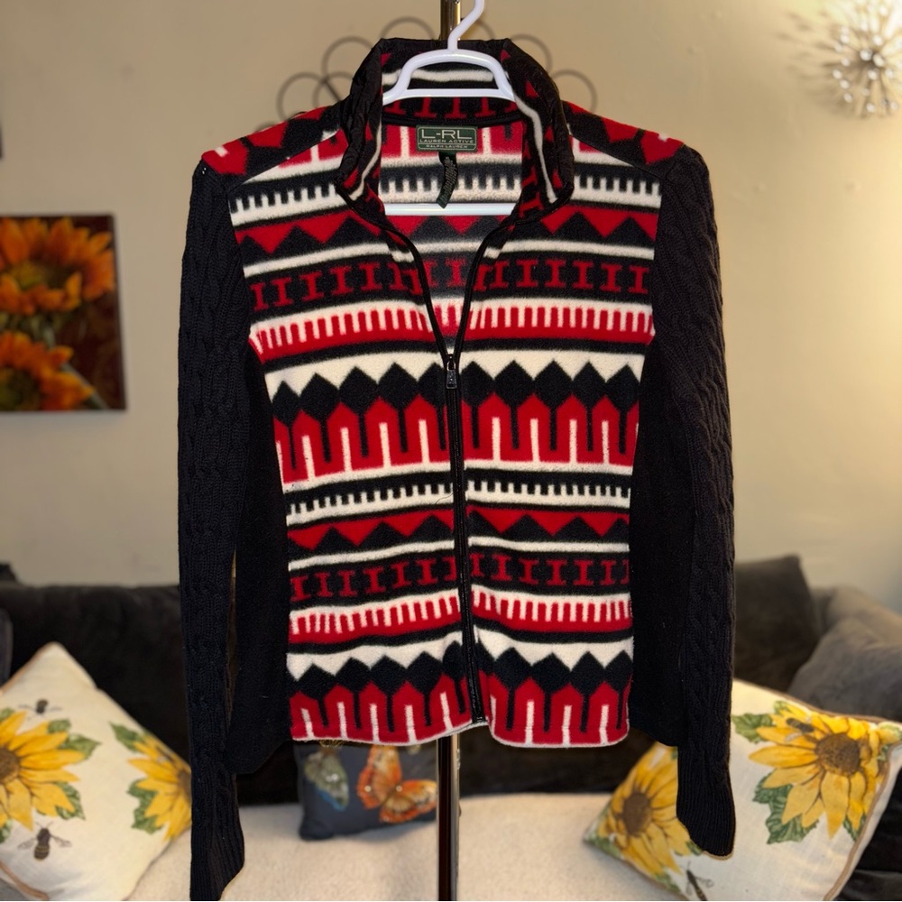 L-RL Ralph Lauren Active Full Zip Western Red Black Fleece Cable Knit Jacket XL